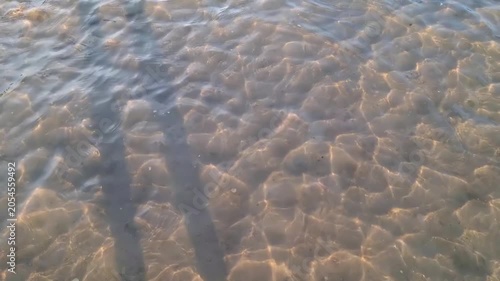 Beautiful golden hour sunlight reflecting on the surface of clear, rippling shallow water over a soft sandy sea floor.