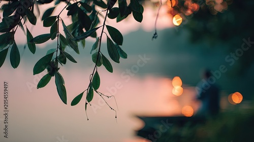 Serene lakeside scene at sunset, with soft focus and warm bokeh lights