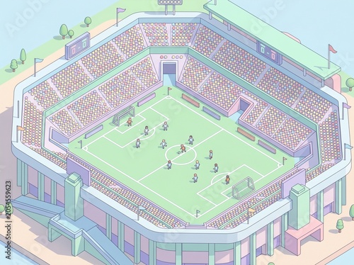 A vibrant cartoon illustration of a packed soccer stadium with players on the field during a match in a green arena surrounded by colorful spectators