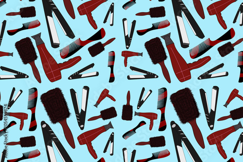 Dynamic pattern of hairdressing tools featuring brushes, combs, hair straighteners, and hair dryers on a blue background