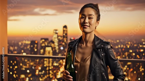 Young Couple Toasting With Beer On A Rooftop At Night In The City