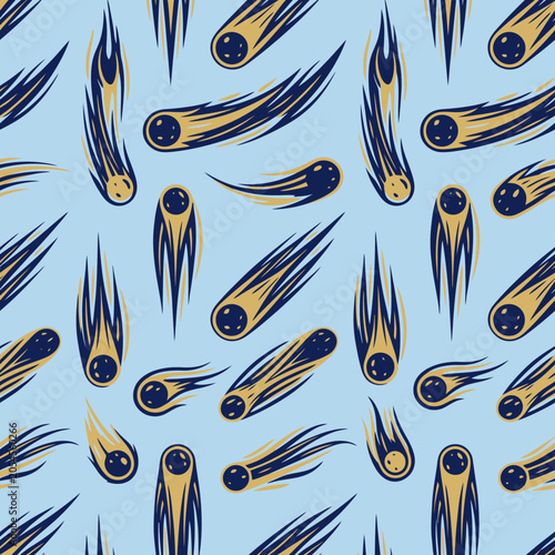 A seamless pattern featuring many stylized comets on blue background