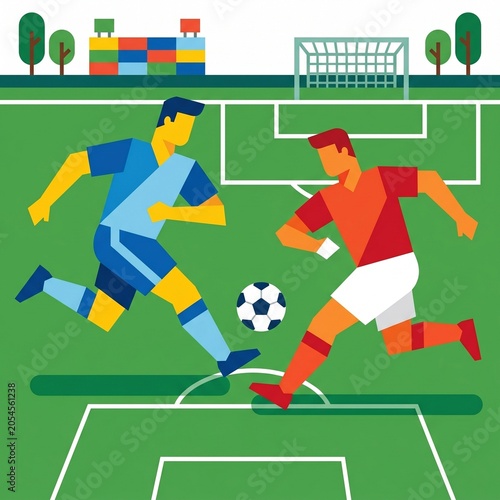 Two soccer players in action on a green field with a ball and goal