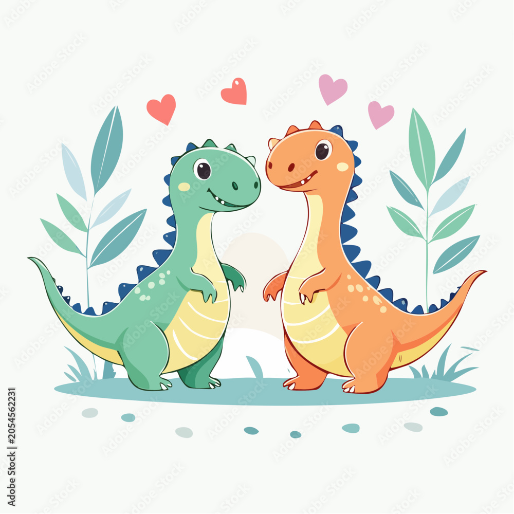 Naklejka premium Cute Cartoon Dinosaurs in Love