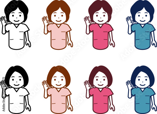 [髪型・色違い] OKサインを出す女性看護師のアイコン。その2
