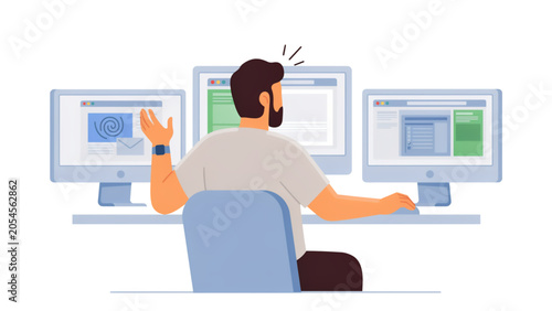 Man working at desk with three computer monitors and multiple screens in a modern office setup vector illustration Vector