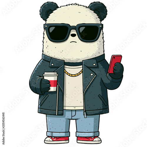 Cool Panda Bear Character Wearing Sunglasses and Leather Jacket Holding Coffee and Smartphone Vector On Transparent Background