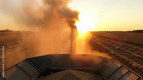 Combine Harvester Grain Auger Unloading Wheat During Golden Sunset
