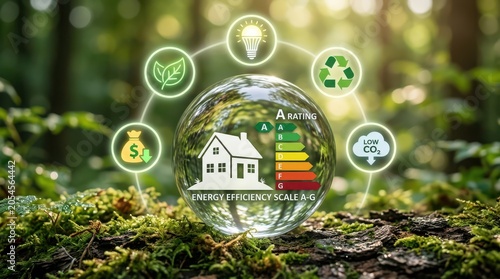 Sustainable home concept energy efficiency rating a with eco friendly icons and lush greenery