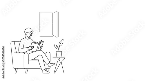Φωτογραφία A minimalist line drawing depicts a young man relaxing on a sofa, engrossed in r