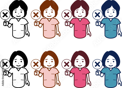 [髪型・色違い] 不正解の札を上げる女性看護師のアイコン。その2