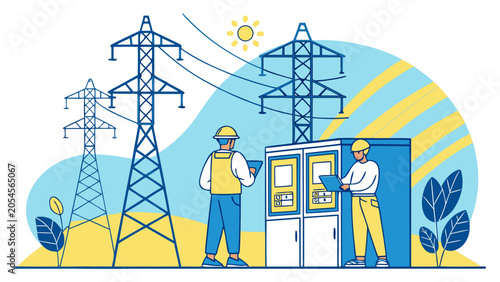 Foto Electrical Technicians Monitoring Power Distribution Grid and Substation Transfo