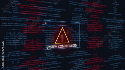 A cybersecurity alert screen showing system compromised warning with red interface, breach detected icon, and urgent visual UI. Ideal for cybersecurity, 