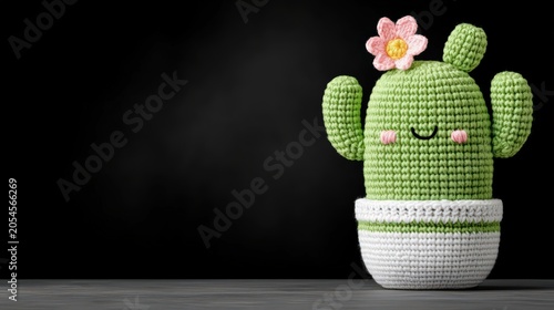 Charming Handmade Crochet Cactus with Flower and Soft Textures on Dark Background
