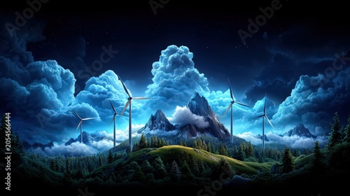 Breathtaking Landscape with Wind Turbines and Majestic Mountains Under Dramatic Sky