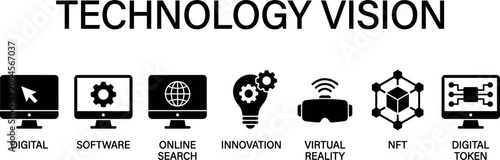 technology vision concept icon set with digital software innovation virtual reality nft online search and token symbols