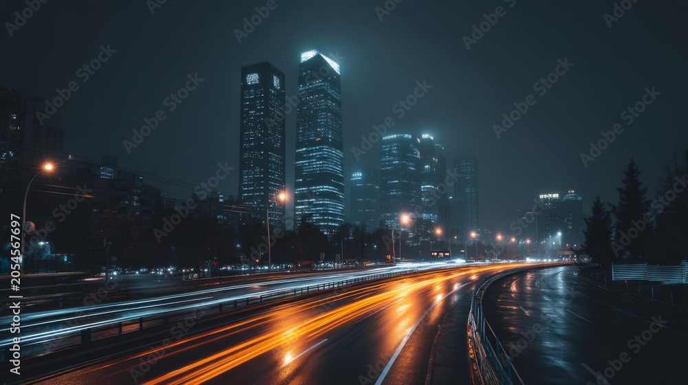 Naklejka premium Nighttime cityscape with illuminated skyscrapers and light trails on wet road, showcasing modern architecture and urban atmosphere through rain and fog