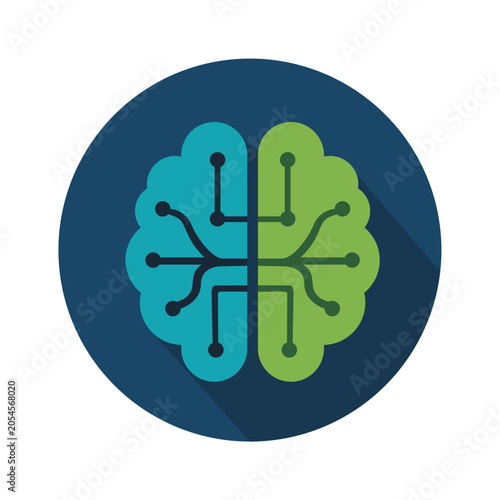 Brain Icon - Creative human brain hemispheres split with technology symbols and machine learning illustration