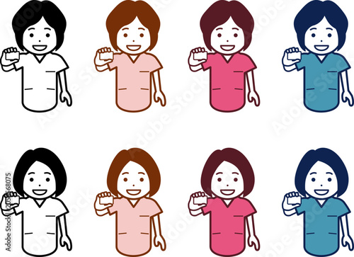 [髪型・色違い] カードを見せる女性看護師のアイコン。その2