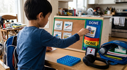 Neurodiverse boy using a visual schedule board with pictograms for autism support to complete a morning routine before school at home, placing 