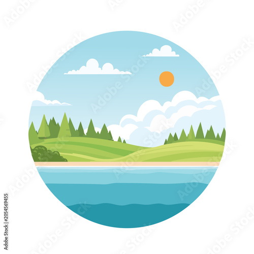 Flat landscape illustration with lake and trees