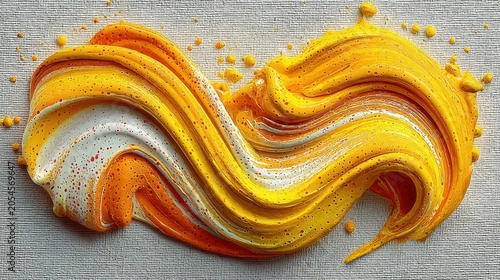 Swirls of vibrant yellow, orange, and white paint blend on textured gray background