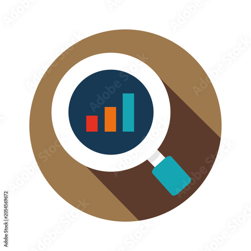 Data Analysis Icon - Colorful bar chart icon in circular magnifying glass on brown background