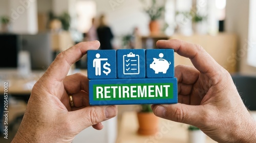 Hands holding blocks spelling retirement with icons representing financial planning and security
