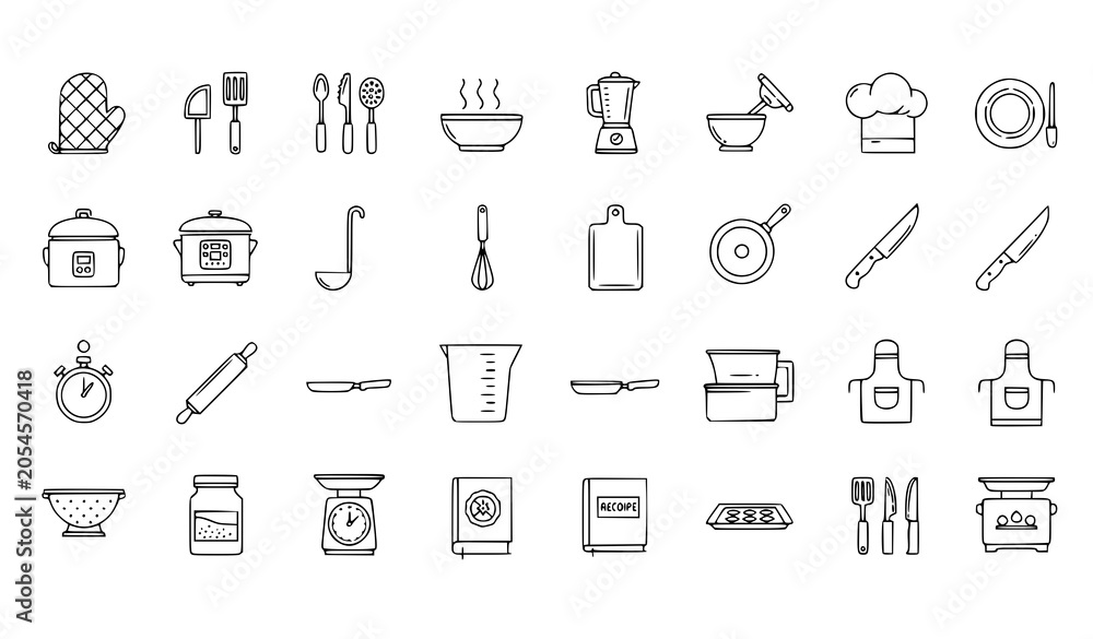 Fototapeta premium Kitchen and Cooking Outline Icon Set with Utensils Blender Chef Hat Pot and Food Preparation Symbols