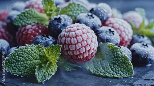 Frozen Mixed Berries Raspberries Blueberries With Fresh Mint Leaves Close-Up Macro Food Photography Dark Background