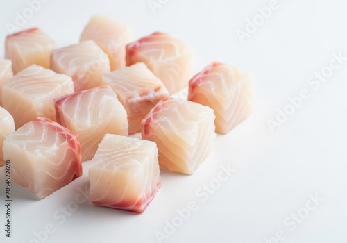 Freshly cut cod fish fillet cubes arranged on a clean white studio background. High quality raw seafood chunks for gourmet cooking and soup, loin, meal, food