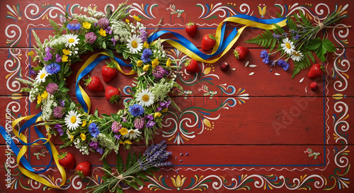 Midsummer flat lay on Dala horse wood, copy space