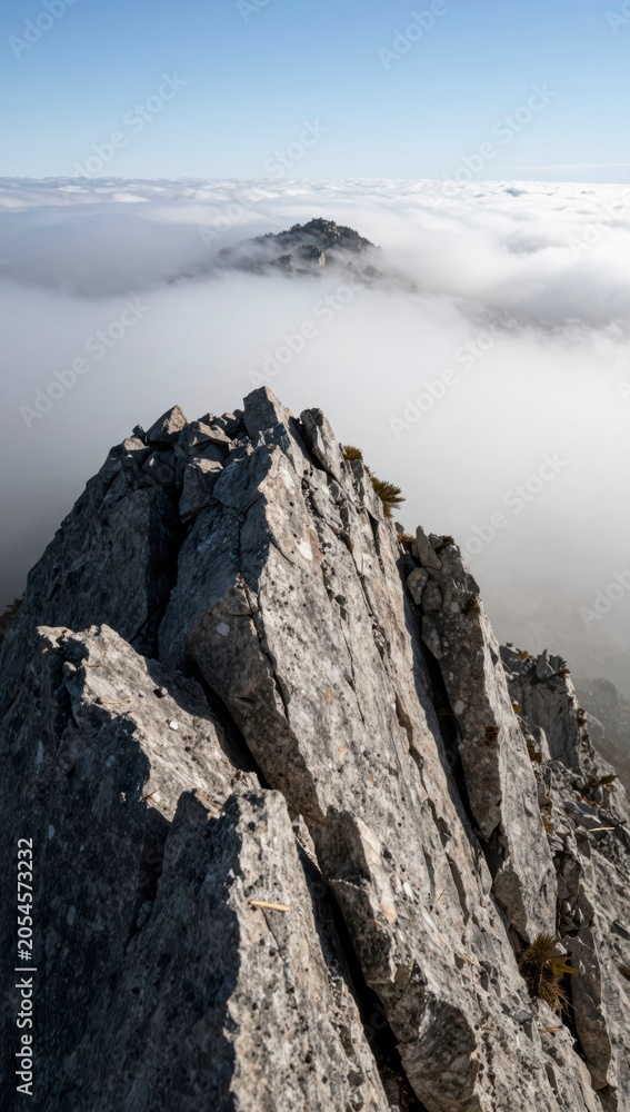 Obraz premium Mountain peak rising above foggy clouds landscape