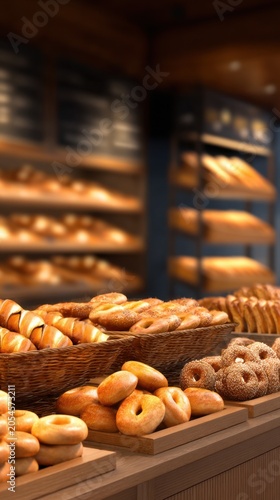 A variety of freshly baked pastries displayed in a warm, inviting bakery setting