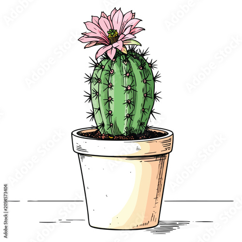 Hand drawn illustration of a potted cactus with a pink flower.