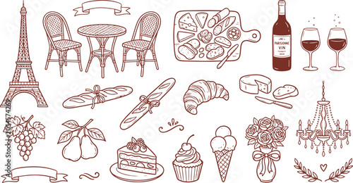 Bild auf Leinwand French culture and gastronomy hand drawn doodle icon set with croissant landmark
