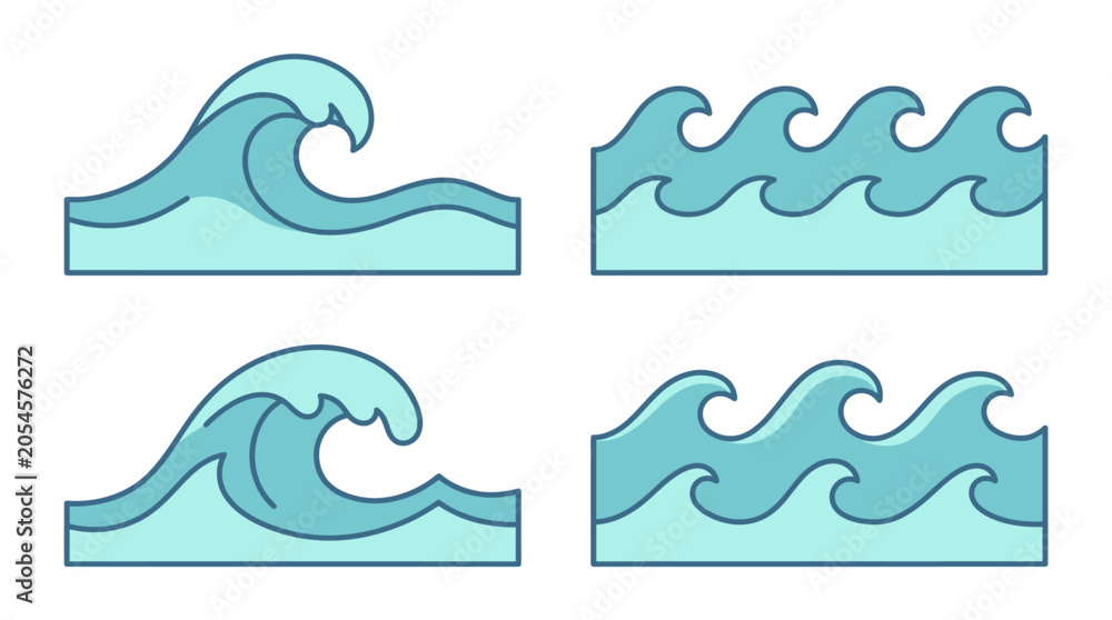 Fototapeta premium A set of blue ocean wave icons on a white background