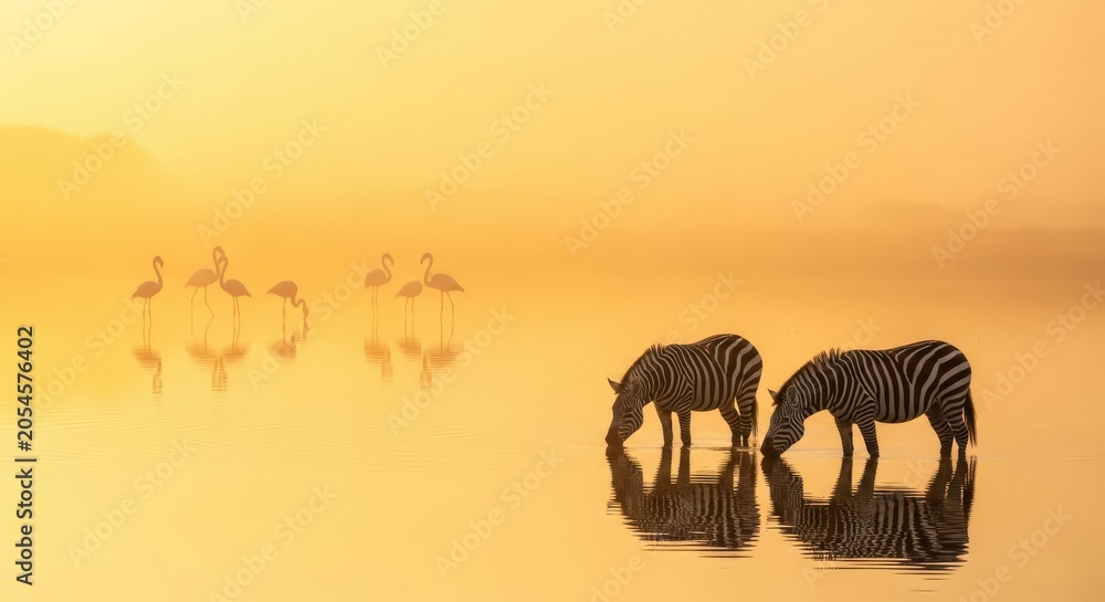 Fototapeta premium Zebras drinking from a calm mirror-like pond at sunset, with luminous pink flamingos standing in the hazy distance under a golden sky, tranquil, watering hole, luminous