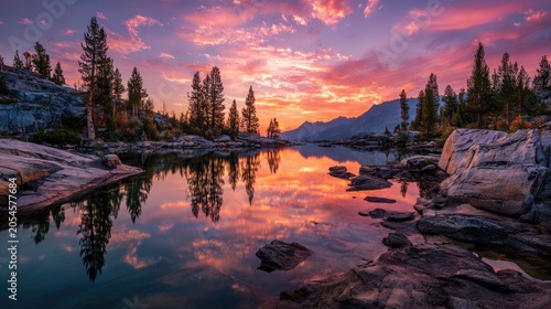 Majestic mountain lake reflects vibrant sunset sky and rugged shoreline