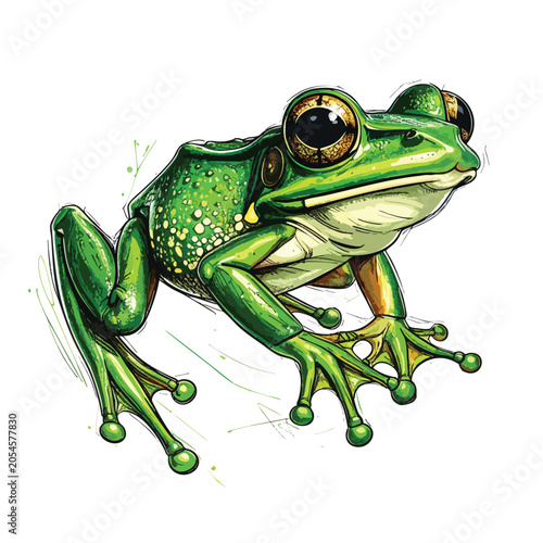 Detailed Illustration of a Green Tree Frog with Large Expressive Eyes.