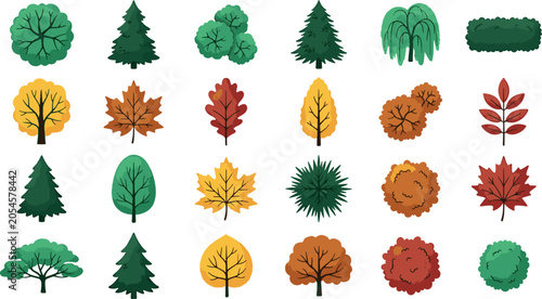 Cuadro en lienzo Set of assorted stylized tree icons featuring various foliage shapes and seasona