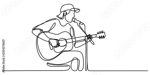 Continuous single line drawing of a musician playing acoustic guitar and singing into a microphone Vector, illustration