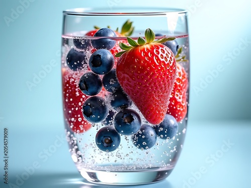 Extreme Macro of Fizzy Sparkling Water with Whole Strawberries and Blueberries