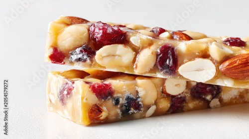 Two stacked snack bars packed with nuts, dried fruit, and seeds