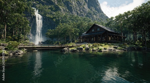 Serene forest lodge beside a cascading waterfall and tranquil lake