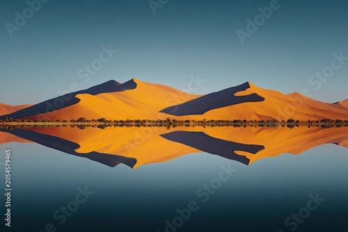 Golden desert dunes reflected in still water under a clear sky