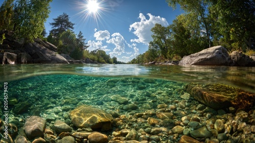 Sunlit river surface above clear, rocky underwater scene
