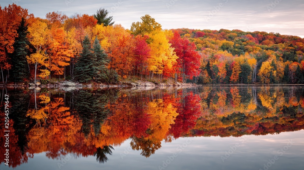 Obraz premium Vibrant autumn foliage reflected perfectly in a calm, still lake at sunset