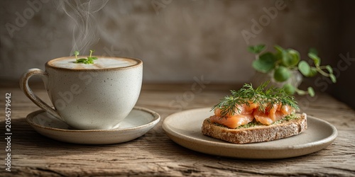 Steaming coffee and salmon toast on rustic wooden table