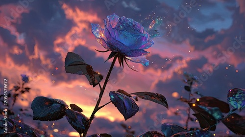 Ethereal crystal rose blooms at sunset, surrounded by shimmering petals and glowing particles
